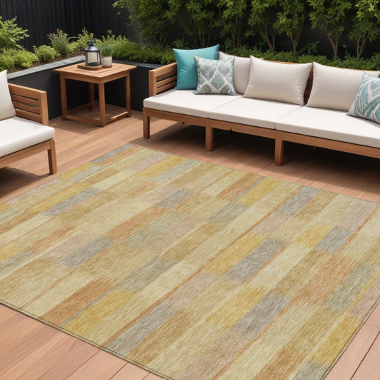 10' X 14' Wheat Beige And Gold Striped Washable Indoor Outdoor Area Rug-0